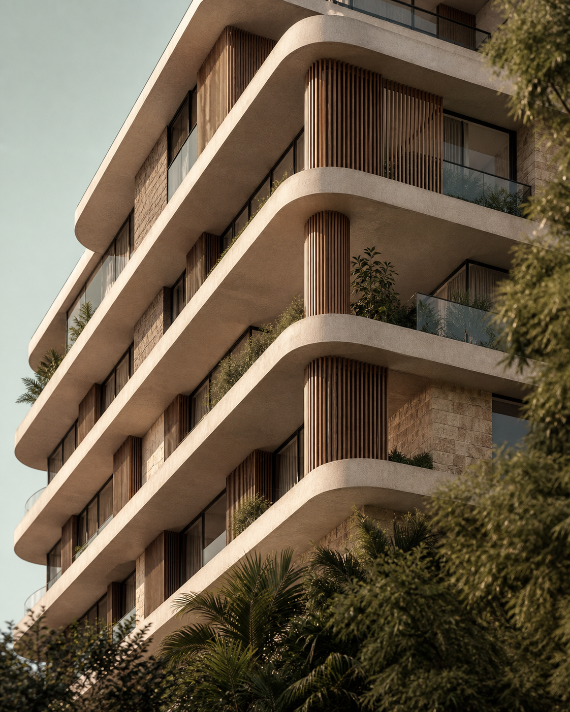 Arquitetura residencial contemporânea com varandas curvas e materiais naturais